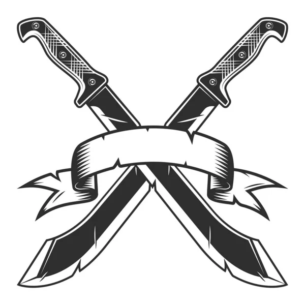 Crossed Machete Ribbon Icon Sharp Knife Melee Weapon Hunter Jungle — Stock Vector