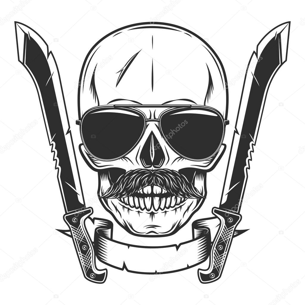 Skull in sunglasses with mustache and crossed machete sharp knife melee weapon of hunter in jungle. Black and white vector isolated on white background