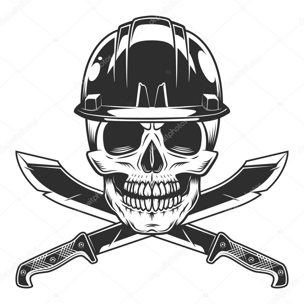 Skull in construction hard hat helmet and machete sharp knife melee weapon of hunter in jungle. Black and white vector isolated on white background