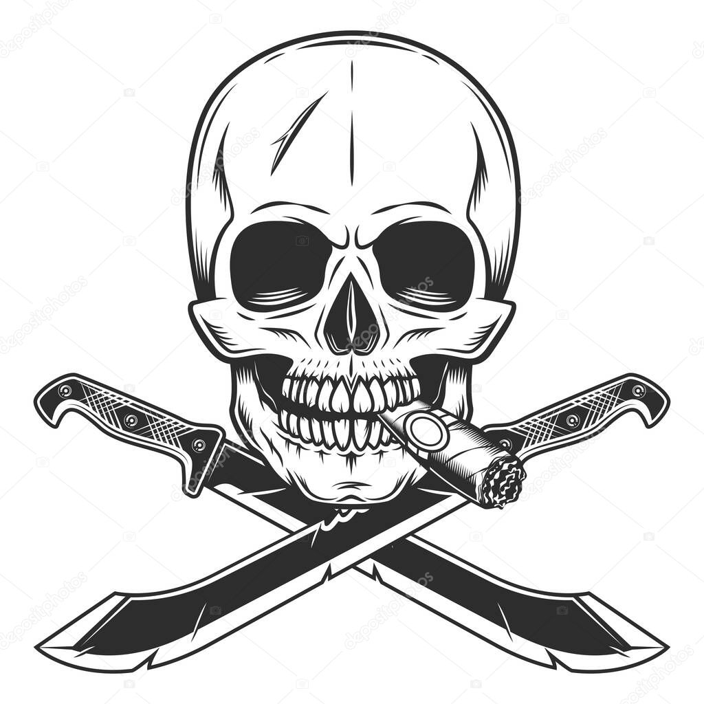 Skull smoking cigar or cigarette and machete sharp knife melee weapon of hunter in jungle. Black and white vector isolated on white background