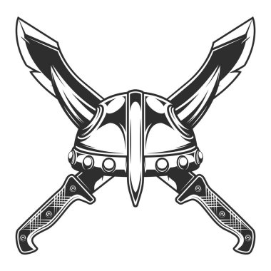 Boynuzlu Viking miğferi ikonu olan bir pala, ormanda keskin bıçak kavgası silahı. Beyaz arkaplanda siyah beyaz izole edilmiş