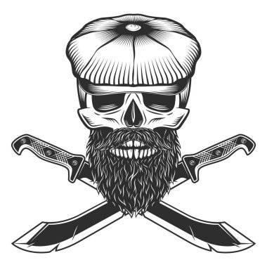 Düz şapkalı, sakallı ve bıyıklı kafatası. Bıçak ve kurdele ile çaprazlanmış. Ormandaki avcı silahı. Beyaz arkaplanda siyah beyaz izole edilmiş