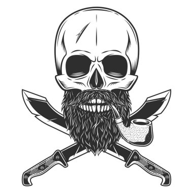 Sakallı kafatası piposu ve çapraz bıçaklı ve kurdeleli bıyığı vardı. Ormandaki avcı silahı. Beyaz arkaplanda siyah beyaz izole edilmiş