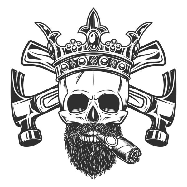 Crâne Fumant Cigare Cigarette Avec Moustache Barbe Couronne Royale Constructeur — Photo