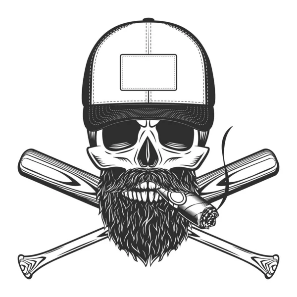 头戴吸烟雪茄或香烟的骷髅头戴胡须 留着棒球棒标志的小胡子 采用复古的单色图案 — 图库照片