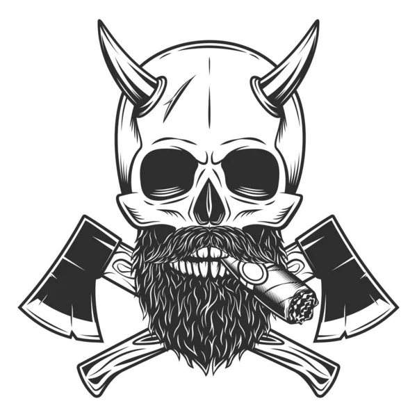 Skull Smoking Cigar Cigarette Horn Mustache Beard Crossed Wooden Axe — Stock Photo, Image