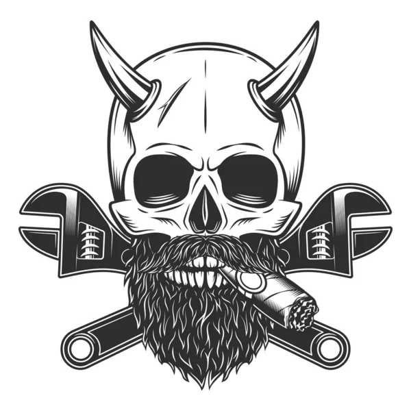 Skull Smoking Cigar Cigarette Horn Mustache Beard Construction Wrench Gas — Stock Photo, Image