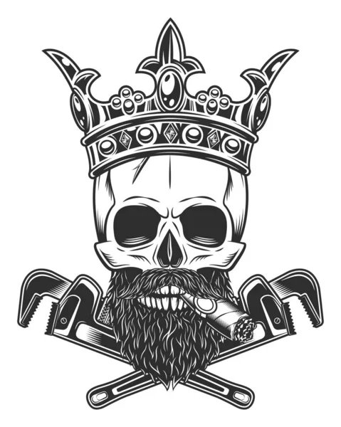 King Skull Smoking Cigar Cigarette Crown Mustache Beard Construction Wrench — Stock Photo, Image