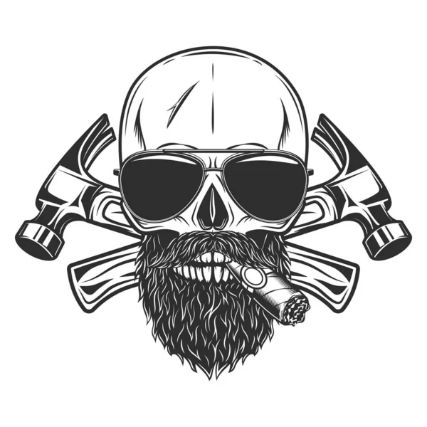Skull Smoking Cigar Cigarette Mustache Beard Sunglasses Builder Crossed Hammers — Stock Photo, Image