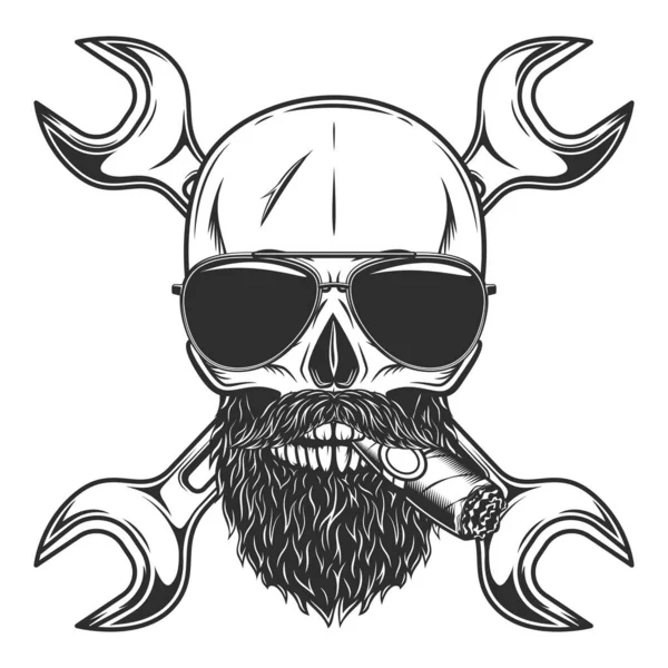Skull Smoking Cigar Cigarette Witn Mustache Beard Sunglasses Construction Builder — Stock Photo, Image