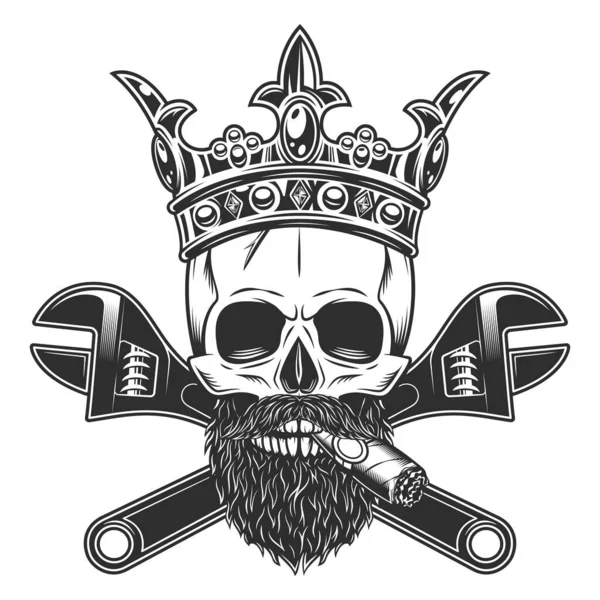 King Skull Smoking Cigar Cigarette Mustache Beard Crown Construction Wrench — Stock Photo, Image