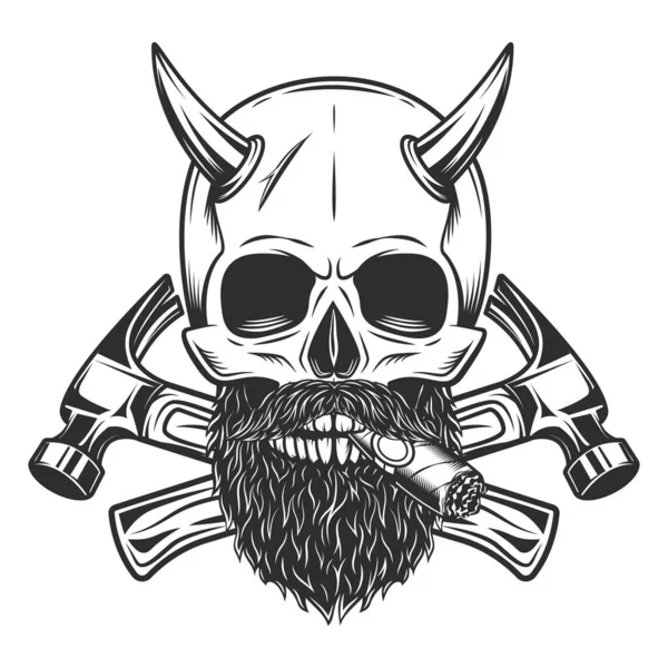 Skull Smoking Cigar Cigarette Horn Mustache Beard Builder Crossed Hammers — Stock Photo, Image