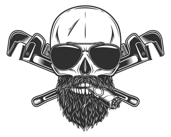 Skull Smoking Cigar Cigarette Sunglasses Mustache Beard Construction Wrench Gas — Stock Photo, Image