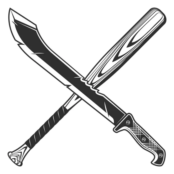 野球のバットアイコン ジャングルのハンターの鋭いナイフ格闘武器で交差マチェーテ 白を基調とした黒と白 — ストック写真
