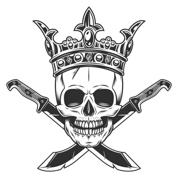 王冠の王の頭蓋骨とジャングルのハンターの鋭いナイフの格闘武器をマチェーテ 白を基調とした黒と白 — ストック写真