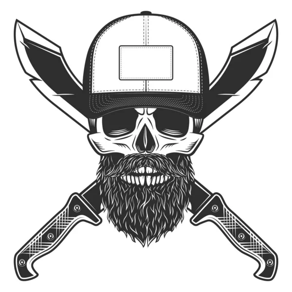 Skull Baseball Cap Beard Mustache Machete Sharp Knife Melee Weapon — Stock Photo, Image