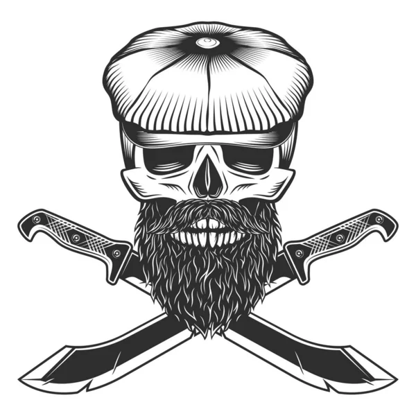 平らな帽子で頭蓋骨と鋭いナイフとリボンが交差した髭と口ひげ ジャングルのハンターの近接武器 白を基調とした黒と白 — ストック写真