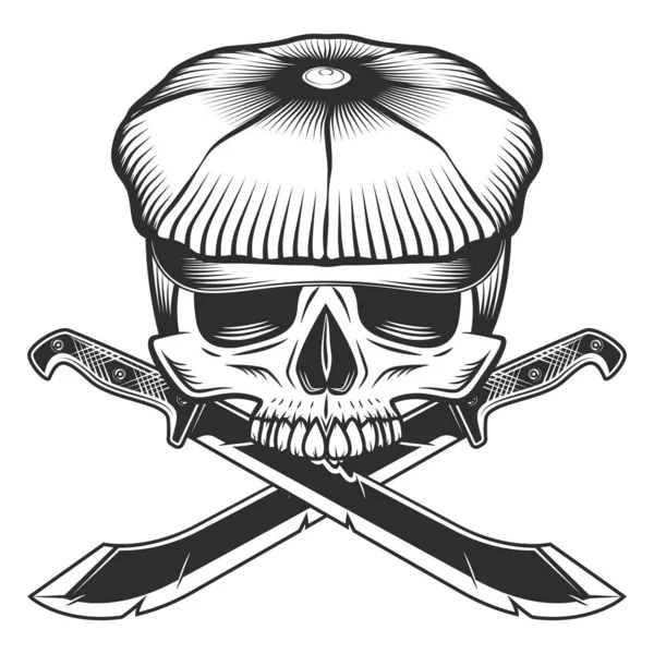Skull Jaw Flat Cap Crossed Machete Sharp Knife Ribbon Melee — Stock Photo, Image