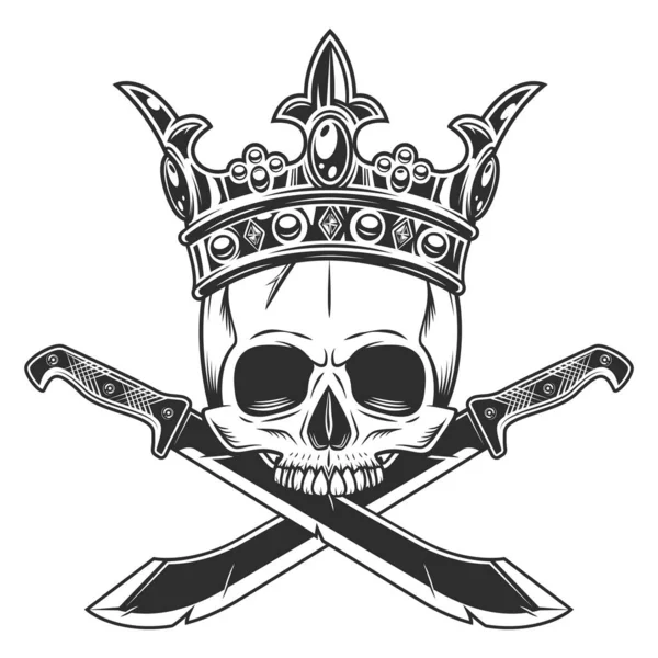 Skull without jaw in crown royal king with crossed machete sharp knife and ribbon. Melee weapon of hunter in jungle. Black and white isolated on white background