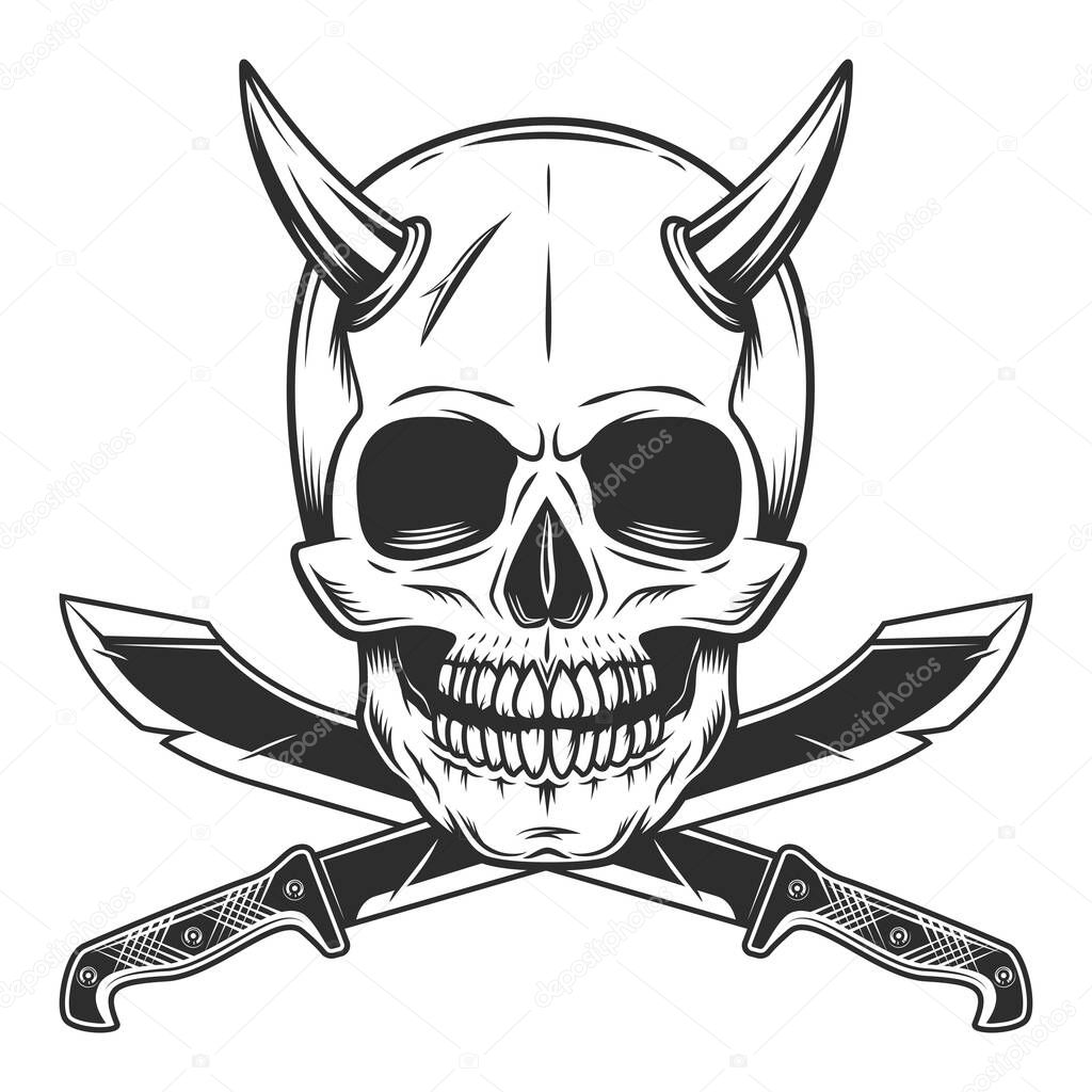 Skull with horn and machete sharp knife melee weapon of hunter in jungle. Black and white isolated on white background