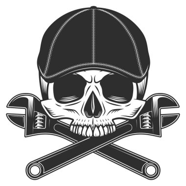 Çenesiz kafatası gangster gatsby tüvit şapka düz başlık mekanik veya inşaat ayarlanabilir İngiliz anahtarı tamir aracı çizim