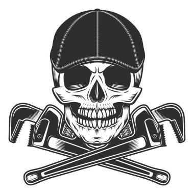 Gangsterin kafatası, Gatsby tüvit şapkalı, boru tesisatı ayarlanabilir anahtarlı ya da tamir edilebilir anahtarlı, klasik vektör ilüstrasyonlu.