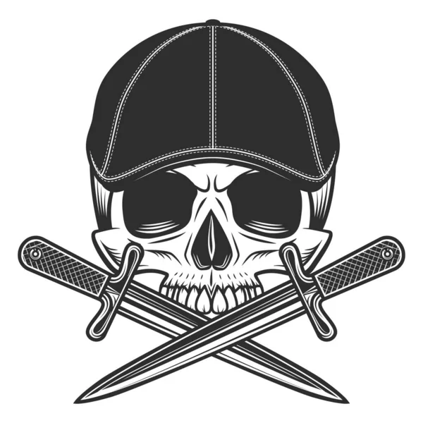 Skull Jaw Gangster Gatsby Tweed Hat Flat Cap Dagger Knife — Stock Vector