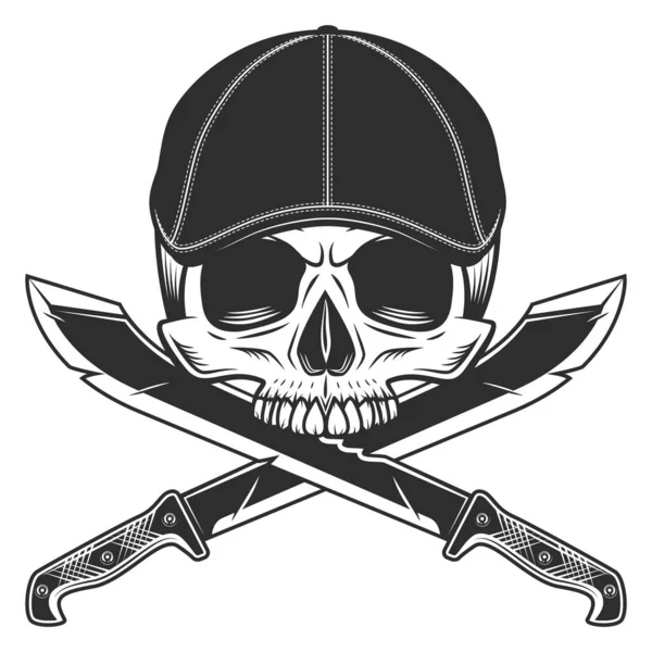 Skull Jaw Gangster Gatsby Tweed Hat Flat Cap Machete Sword — Stock Vector