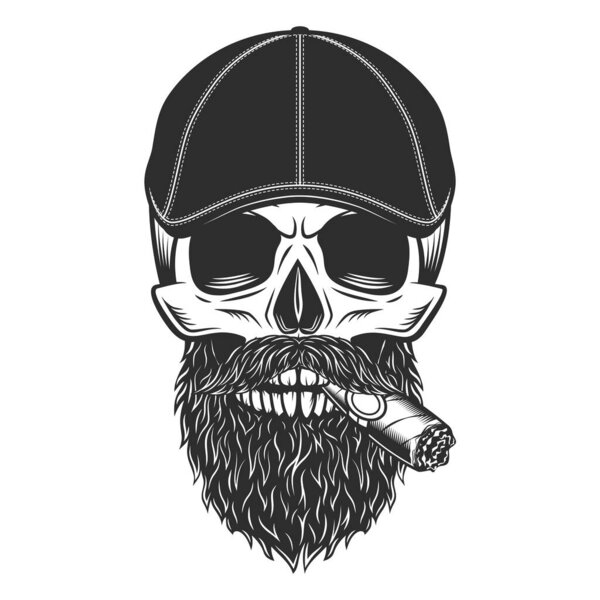 Skull smoking cigar or cigarette with beard and mustache in gangster gatsby tweed hat flat cap vintage vector illustration