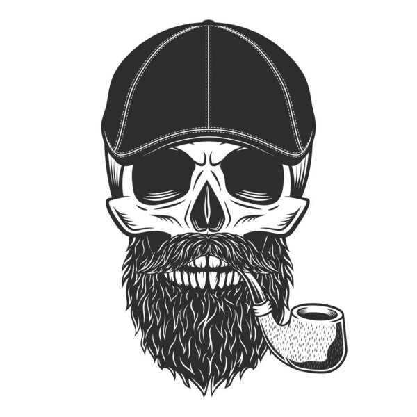 Skull smoking pipe with beard and mustache in gangster gatsby tweed hat flat cap vintage vector illustration