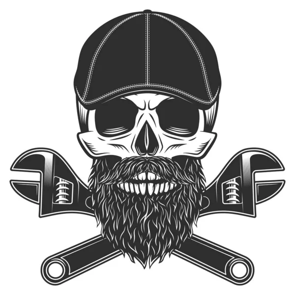 Skull Beard Mustache Gangster Gatsby Tweed Hat Flat Cap Mechanic — Stock Vector