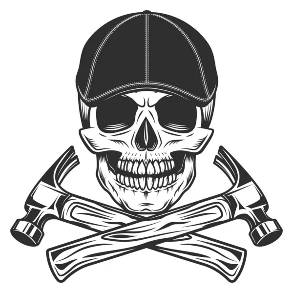 Skull Gangster Gatsby Tweed Hat Flat Cap Construction Hammer Repair — Stock Vector