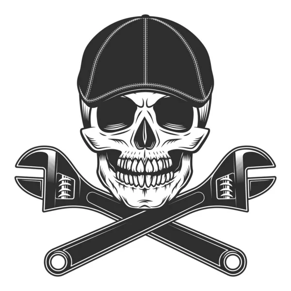 Skull Gangster Gatsby Tweed Hat Flat Cap Construction Plumbing Wrench — Stock Vector
