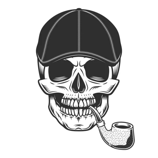 Skull Smoking Pipe Gangster Gatsby Tweed Hat Flat Cap Vintage — Stock Vector
