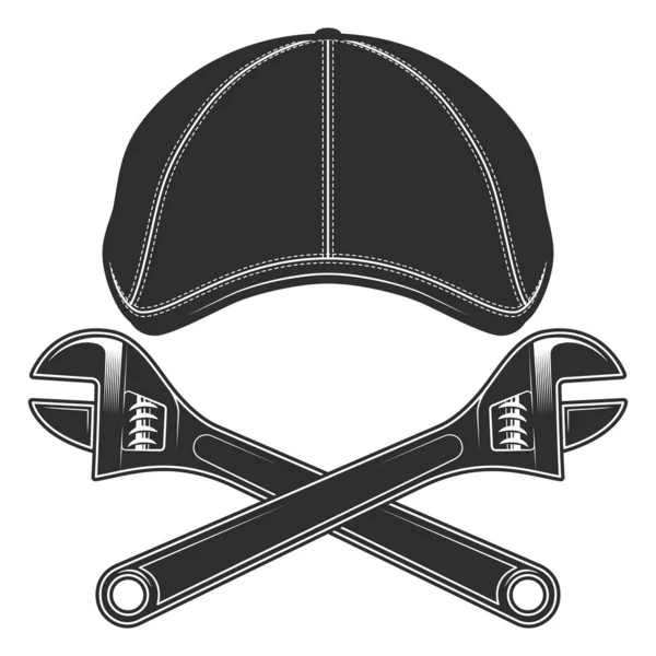 収縮サービス修理メカニック調節可能なレンチベクトルヴィンテージイラスト付きフラットキャップギャツビーツイード帽子 — ストックベクタ