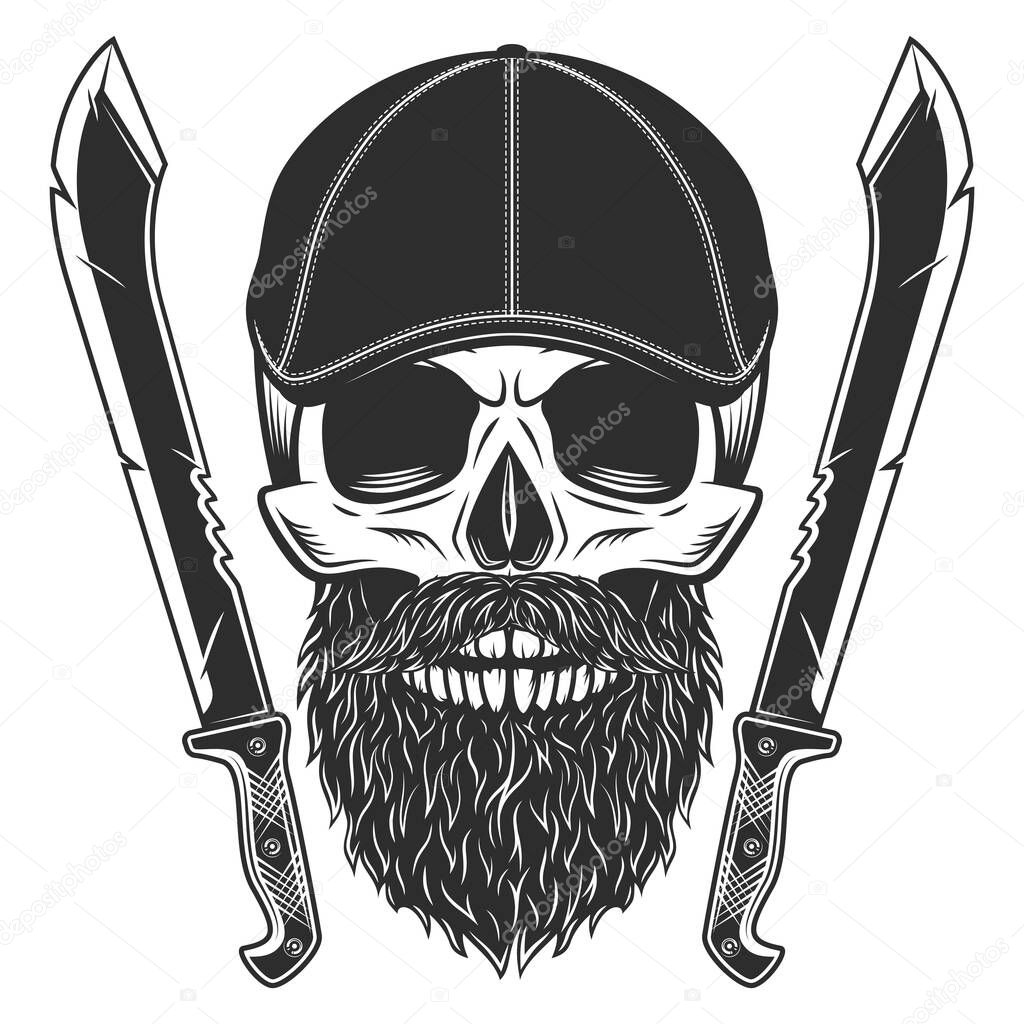 Skull with beard and mustache in gangster gatsby tweed hat flat cap with machete sword vintage vector illustration