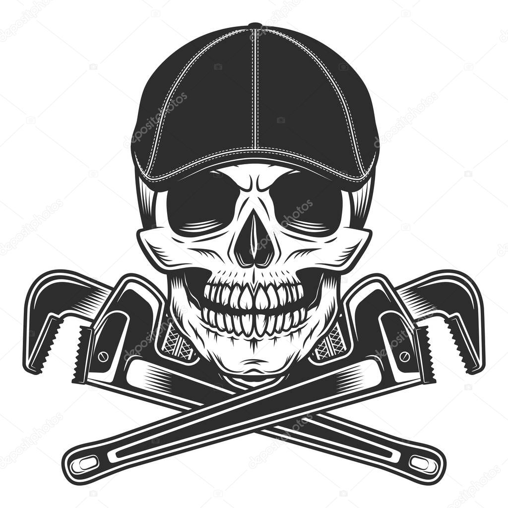 Skull in gangster gatsby tweed hat flat cap with construction plumbing adjustable wrench or repair service spanner vintage vector illustration