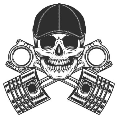 Motosikletli motorcu kafatası, Gatsby düz şapkalı ve motor pistonlarını geçti. Rapair motosiklet, araba ve kamyon işi klasik monokrom izole vektör çizimi.