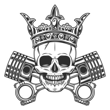 Crown 'da bisiklet kafatası ve çapraz motor pistonları servis rapair motosiklet, araba ve kamyon işi klasik monokrom izole vektör ilülasyonu