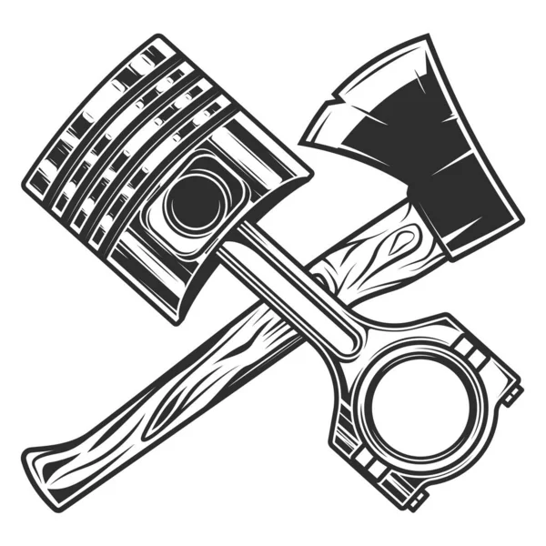 发动机活塞和木钳斧头来自建筑业的白色背景隔离单色插图 — 图库矢量图片