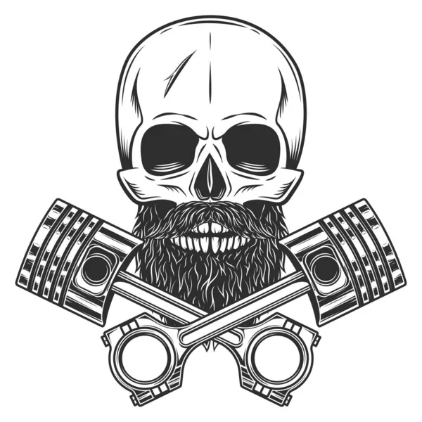 Biker Skull Beard Mustache Crossed Engine Pistons Service Repair Business — Stock Vector