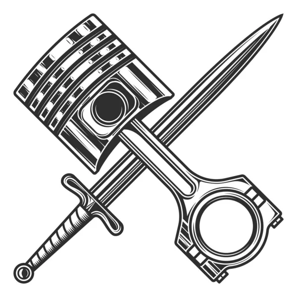 Engine Piston Knight Sword White Background Isolated Monochrome Illustration — Stock Vector