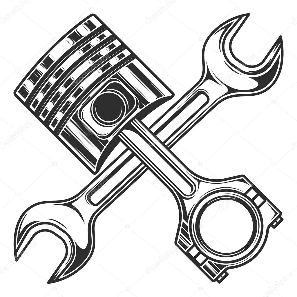 Engine piston and mechanical spanner wrench tool for service repair car and truck business on white background isolated monochrome illustration