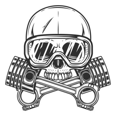 Emniyet gözlüklerinde çenesiz motorlu piston servis motosikleti, araba ve kamyon işi vintage monokrom izole vektör ilüstrasyonu ile bisiklet kafatası