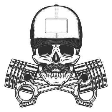 Motosikletli motosikletli kafatası, beysbol şapkalı, çapraz motor pistonları servis motosikleti, araba ve kamyon işi klasik monokrom izole vektör çizimi.