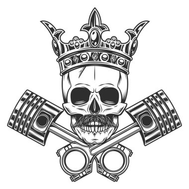 King motorcu kafatası bıyıklı ve çapraz motor pistonları servis onarımı motosiklet, araba ve kamyon işi klasik monokrom izole vektör ilüstrasyonunda