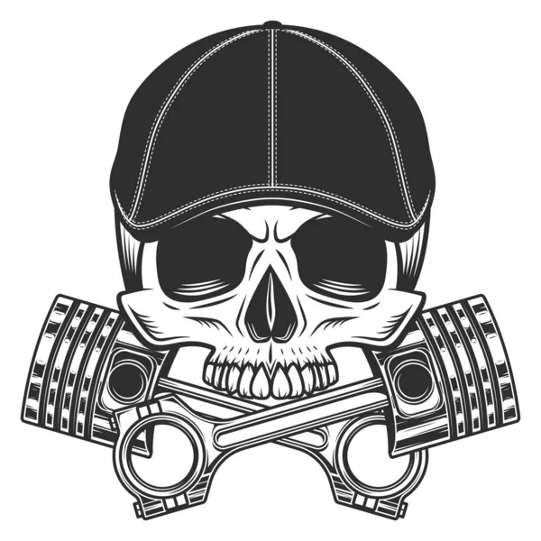 Cráneo Del Motorista Sin Mandíbula Gatsby Tapa Plana Con Pistones — Archivo Imágenes Vectoriales