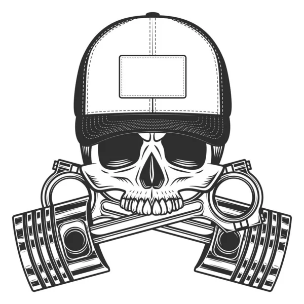 Cráneo Motociclista Sin Mandíbula Gorra Béisbol Con Pistones Motor Cruzado — Archivo Imágenes Vectoriales