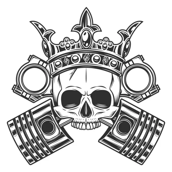 King motorcu kafatası dişsiz ve çapraz motor pistonları servis onarım motosiklet, araba ve kamyon işi vintage monokrom izole vektör ilüstrasyon