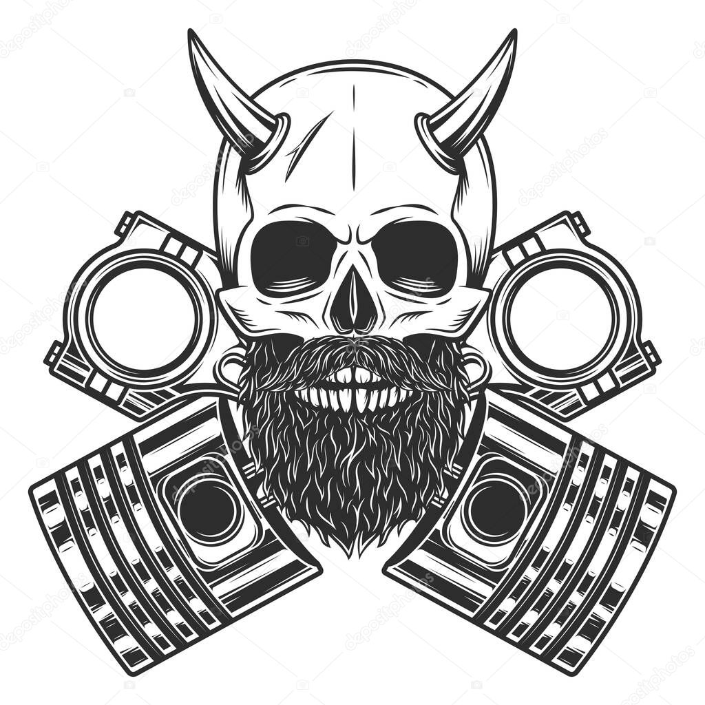 Biker skull with horn and beard with mustache with crossed engine pistons service repair motorcycle, car and truck business in vintage monochrome isolated vector illustration